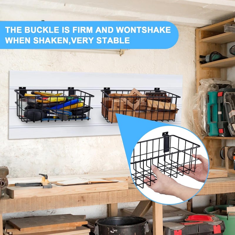 BAKEWAY 4Pcs Large Slatwall Baskets Set Ventilated Metal Pegboard Baskets Slatwall Basket, Hanging Storage Baskets for PVC Slatwall Panel, Storage Display on Garage Slatwall Panels, Slatwall Accessories Black - Image 5